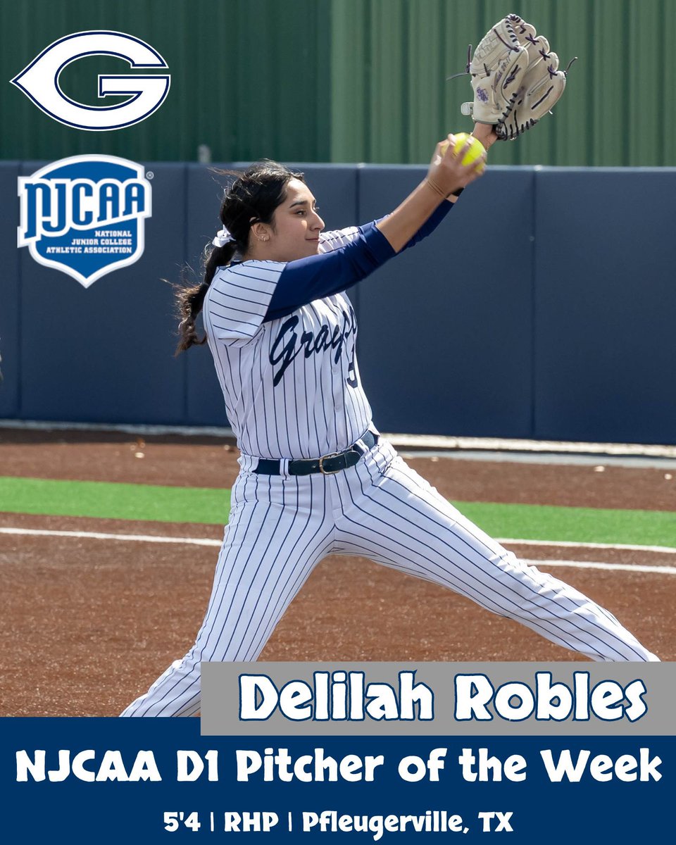 Grayson Softball (@gclvsoftball) on Twitter photo BIG congratulations to Delilah Robles for earning NJCAA National Pitcher of the Week Honors! #GWAY
In two appearances last week (both wins):
-9 IP, 1 H, 0 R, 14 K
For the season, she is 12-1 with a 0.73 ERA with 61 strikeouts in 66.1 innings pitched!
<a href="/tay_zanca/">Taylor Zanca</a> BIG congratulations to Delilah Robles for earning NJCAA National Pitcher of the Week Honors! #GWAY
In two appearances last week (both wins):
-9 IP, 1 H, 0 R, 14 K
For the season, she is 12-1 with a 0.73 ERA with 61 strikeouts in 66.1 innings pitched!
<a href="/tay_zanca/">Taylor Zanca</a>