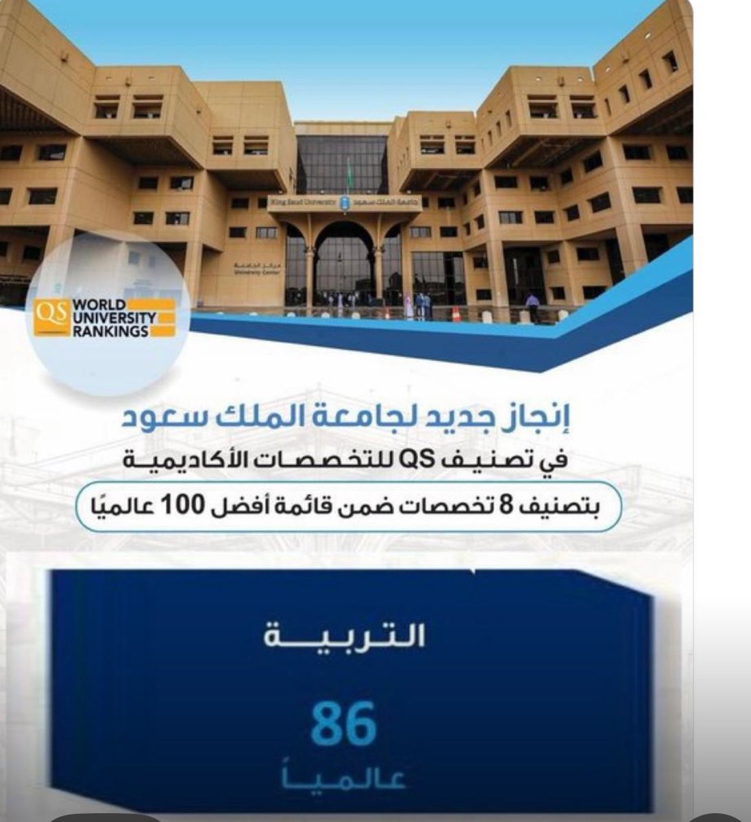 بشرى التفوق.. كلية التربية تحلق ضمن الـ ١٠٠ تخصص عالميا 
إنجاز يعكس سعينا المستمر نحو الجودة، وبناء أجيال تغير الواقع.  
فخر  نُهديه لوطننا، وعهد نجددها لطلابنا: أن نكون دائما عند ثقتكم.  
#التعليم_الوطني_يبدع #التربية_في_القمة #١٠٠_عالميا