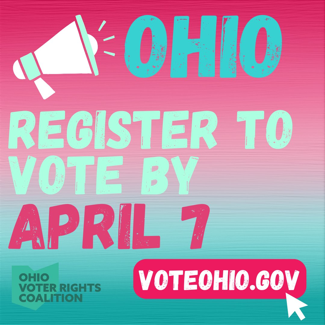 📢 OHIO: REGISTER TO VOTE TODAY!

Now's the time to make sure you're ready to be a voter. The voter registration deadline for the May primary is April 7!

Check your voter registration: voterlookup.ohiosos.gov/voterlookup.as… 

Register to vote/update registration: olvr.ohiosos.gov