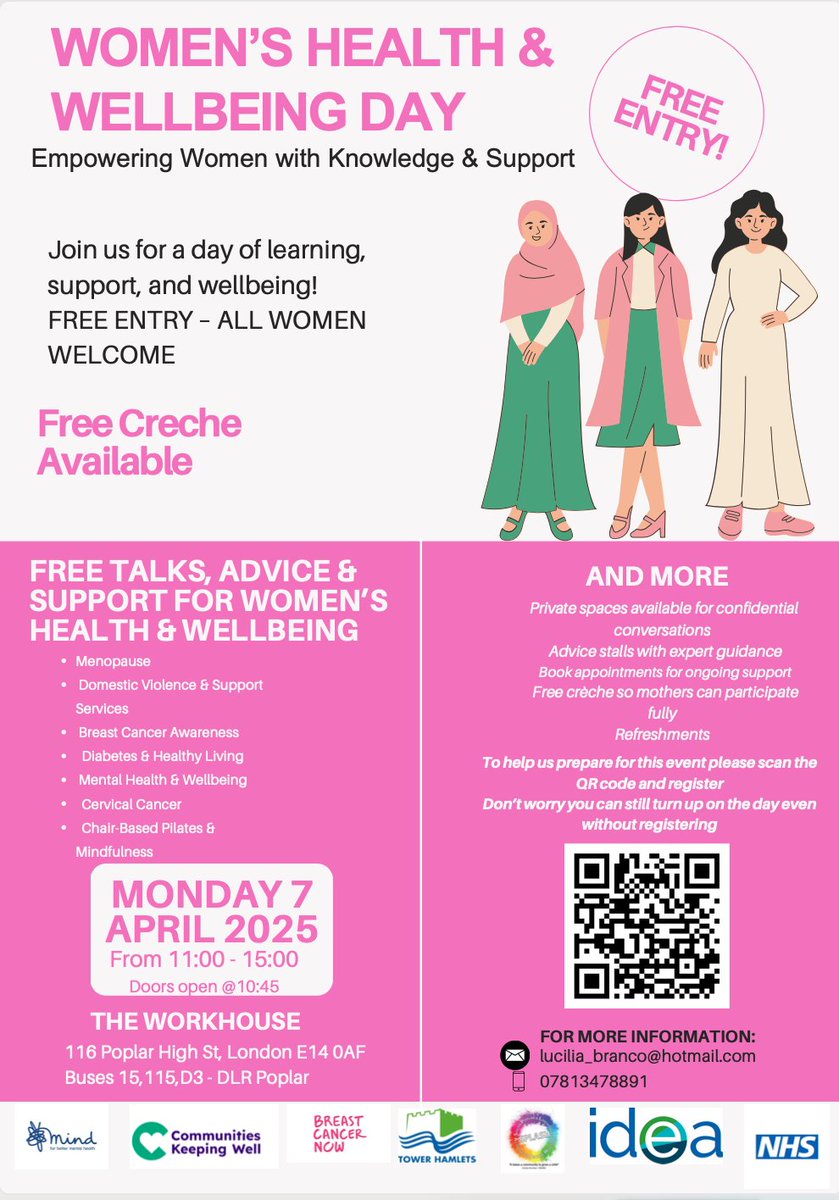 Women’s Health &amp; Wellbeing Day 

Monday, 7th April
11 AM to 3 PM
The Workhouse, Poplar High Street.

This free event will provide vital health information and support for women in our community

Register: docs.google.com/forms/d/e/1FAI…