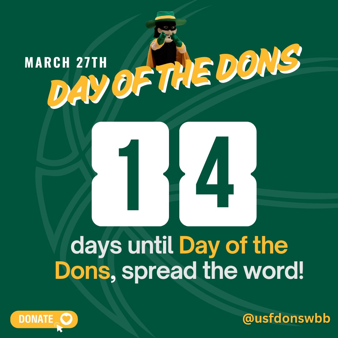 San Francisco Women's Basketball (@usfdonswbb) on Twitter photo Mark your calendars!๐๏ธ#DayOfTheDons is coming on March 27th. Your support fuels our success on and off the court. Check on the website for how to give! usfca.edu/giving/how-to-โฆ Mark your calendars!๐๏ธ#DayOfTheDons is coming on March 27th. Your support fuels our success on and off the court. Check on the website for how to give! usfca.edu/giving/how-to-โฆ
