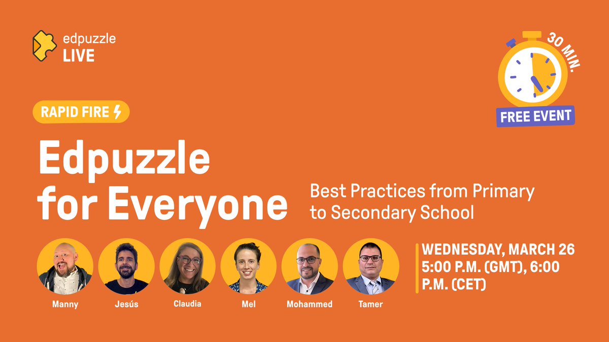Edpuzzle (@edpuzzle) on Twitter photo 🚀 Ready for a fast-paced, insight-packed event? Join us for our #EdpuzzleLive Edpuzzle for Everyone! 🔥
Hear from expert educators <a href="/laproffisa/">Claudia Fisanotti</a>, <a href="/tamer220/">tamer</a>, <a href="/fungooli/">Mel A</a>,and <a href="/Mohamed_Edtech/">Mohamed Khalaf Ed-Tech</a> as they share best practices for using Edpuzzle at all levels!
📅 Wednesday, March 26
⏰ 🚀 Ready for a fast-paced, insight-packed event? Join us for our #EdpuzzleLive Edpuzzle for Everyone! 🔥
Hear from expert educators <a href="/laproffisa/">Claudia Fisanotti</a>, <a href="/tamer220/">tamer</a>, <a href="/fungooli/">Mel A</a>,and <a href="/Mohamed_Edtech/">Mohamed Khalaf Ed-Tech</a> as they share best practices for using Edpuzzle at all levels!
📅 Wednesday, March 26
⏰