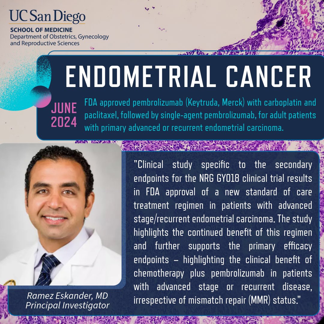 UCSD_ObGyn's tweet image. New study by @rne_md @UCSD_ObGyn reinforces prior findings that resulted in #FDAApproval of a new standard of care treatment option in #EndometrialCarcinoma highlighting the clinical benefit of chemotherapy + #pembrolizumab in patients...
Discover study ⬇️
go.ucsd.edu/422V83j