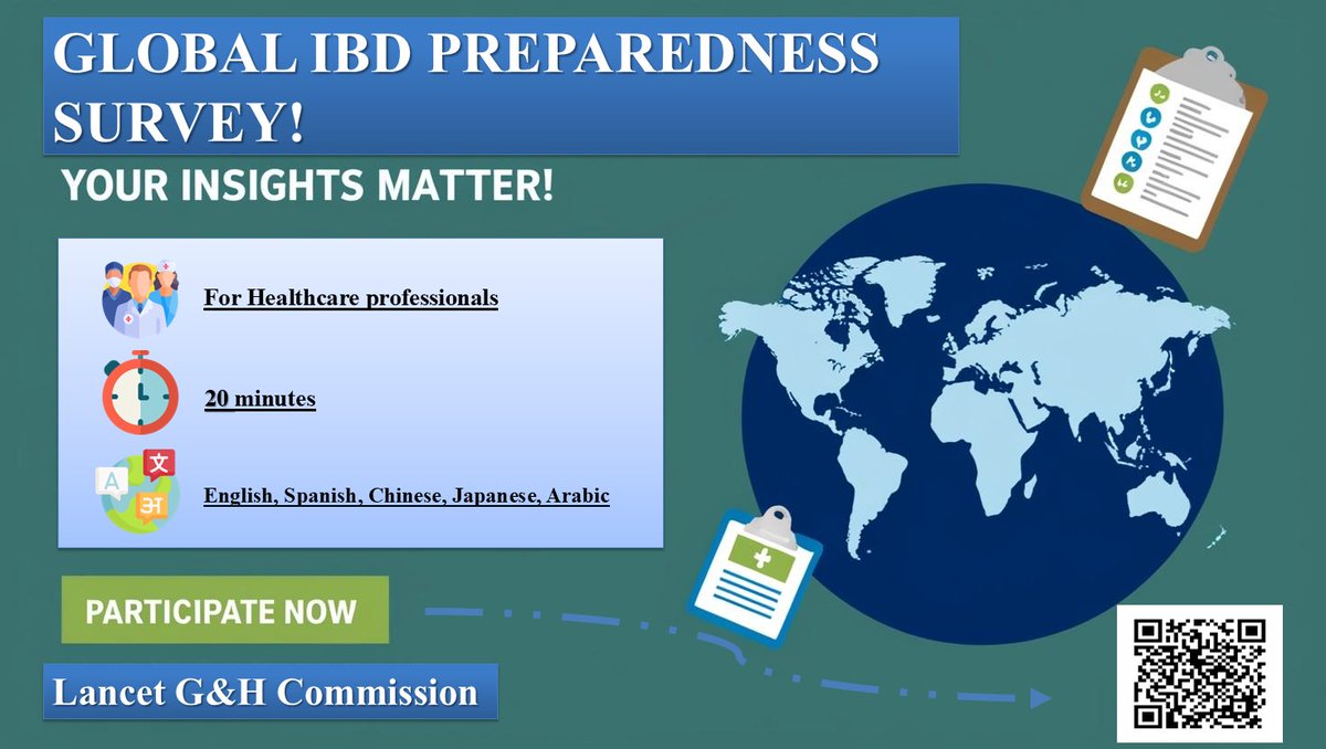 Global IBD SURVEY (@ibdsurvey61278) on Twitter photo 🌍"IBD – A Global Disease Needs Global Solutions"
🎟️The Lancet G&H Commission invites🥼to participate in the Global IBD Preparedness Survey
⏳ 20 minutes | 🔐Confidential | 🌐 Multilingual
👉 Participate now bit.ly/3DgM9SP
📩 ibdpreparednesssurvey@gmail.com
🔄 RETWEET 🌍"IBD – A Global Disease Needs Global Solutions"
🎟️The Lancet G&H Commission invites🥼to participate in the Global IBD Preparedness Survey
⏳ 20 minutes | 🔐Confidential | 🌐 Multilingual
👉 Participate now bit.ly/3DgM9SP
📩 ibdpreparednesssurvey@gmail.com
🔄 RETWEET