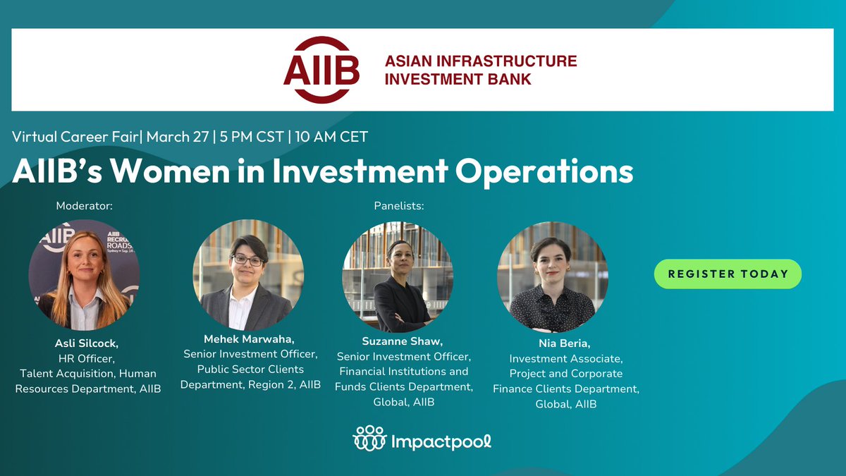 Looking for career opportunities in infrastructure finance?

Join our virtual event with AIIB to celebrate Women in Investment Operations and explore exciting career opportunities at the Asian Infrastructure Investment Bank (AIIB)!

Apply to attend: bit.ly/3XPvyw9