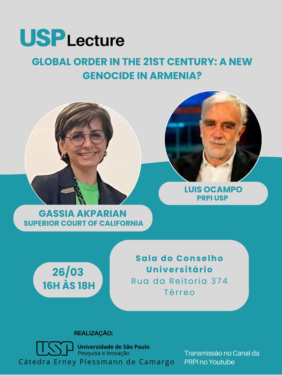 Outra edição do USP Lecture será no dia 26/03, com a juíza Gassia Akparian. O tema da palestra é "Global order in the 21st Century: a new genocide in Armenia?". O evento será transmitido ao vivo pelo canal do Youtube da PRPI sem  tradução simultânea.