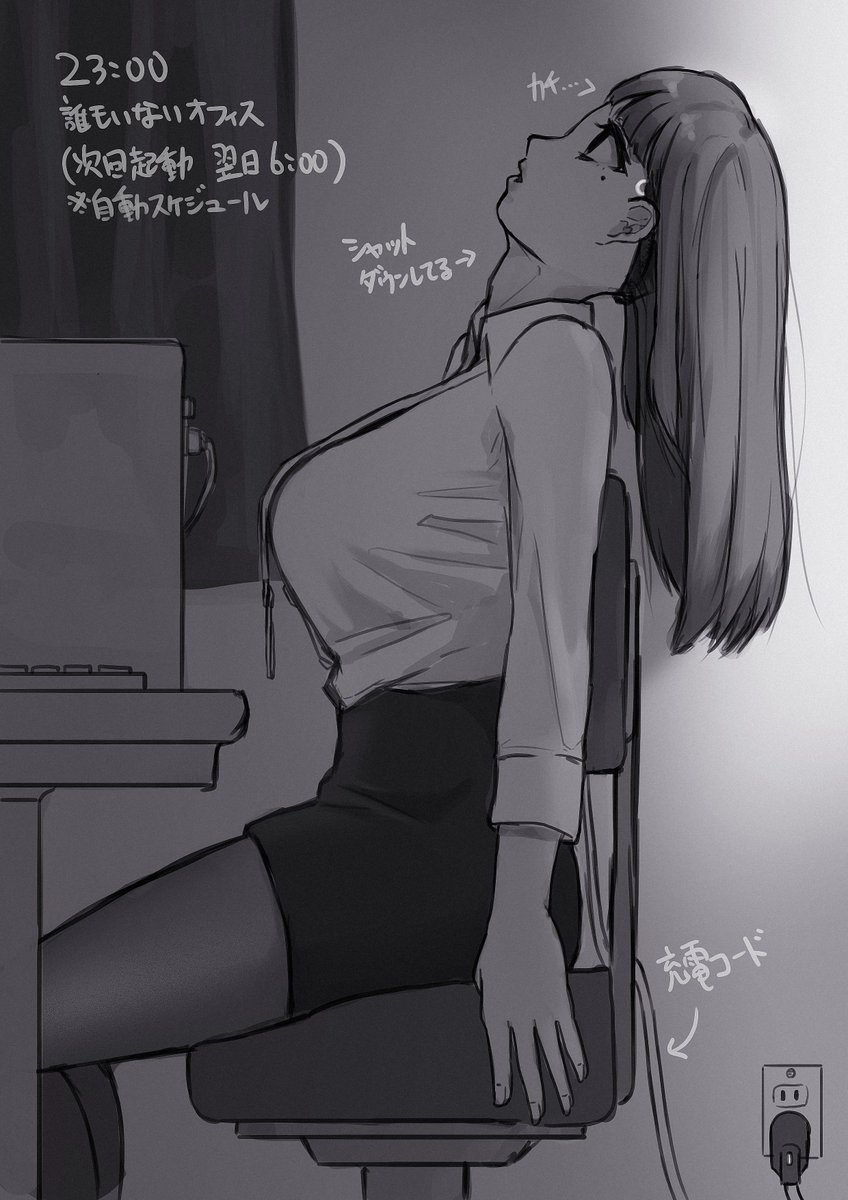 誰もいないオフィスにいる事務アンドロイド（シャットダウン状態）