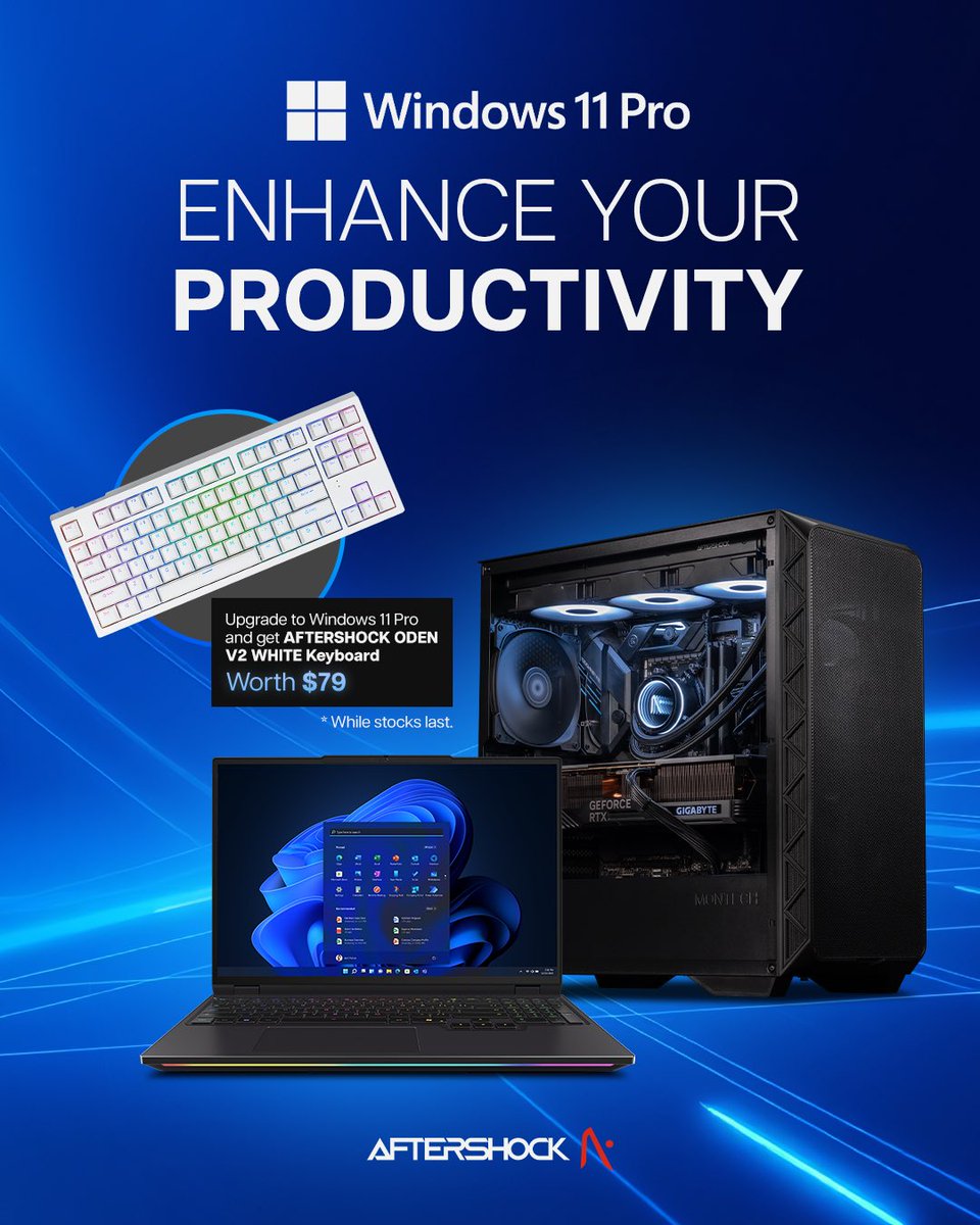 🔥 FREE Upgrade Alert! Get Windows 11 Pro bundled with your Aftershock PC and score a FREE WHITE ODEN V2 keyboard—a premium mechanical keyboard built for precision and style!