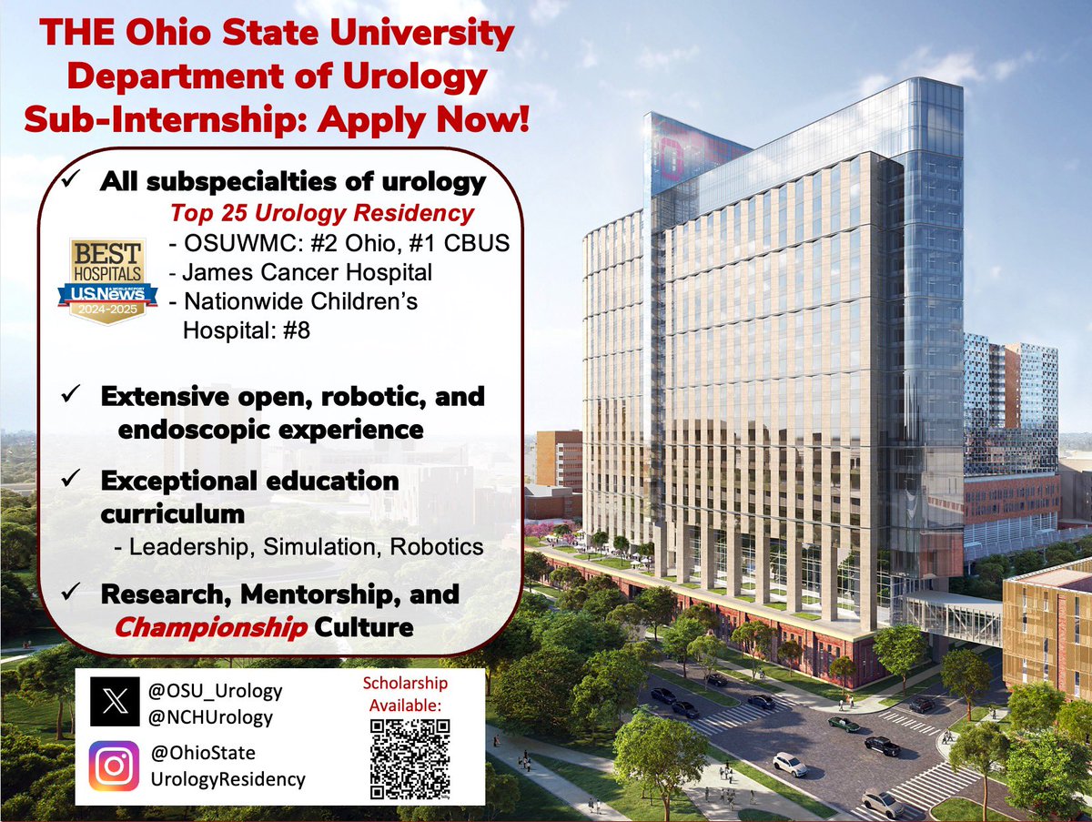 Ohio State Wexner Medical Center Urology Dept. (@osu_urology) on Twitter photo #UroMatch2026 Applicants:
Our sub-I applications are now open on VSLO!
➡️Program info: medicine.osu.edu/departments/ur…
➡️Scan QR code for scholarship information
➡️Virtual Tour: bit.ly/38dvgq6
➡️Join our CHAMPIONSHIP culture 🏆
<a href="/OSUWexMed/">The Ohio State University Wexner Medical Center</a> <a href="/OhioStateMed/">The Ohio State University College of Medicine</a> #UroMatch #UroRes #UroMatch2026 Applicants:
Our sub-I applications are now open on VSLO!
➡️Program info: medicine.osu.edu/departments/ur…
➡️Scan QR code for scholarship information
➡️Virtual Tour: bit.ly/38dvgq6
➡️Join our CHAMPIONSHIP culture 🏆
<a href="/OSUWexMed/">The Ohio State University Wexner Medical Center</a> <a href="/OhioStateMed/">The Ohio State University College of Medicine</a> #UroMatch #UroRes