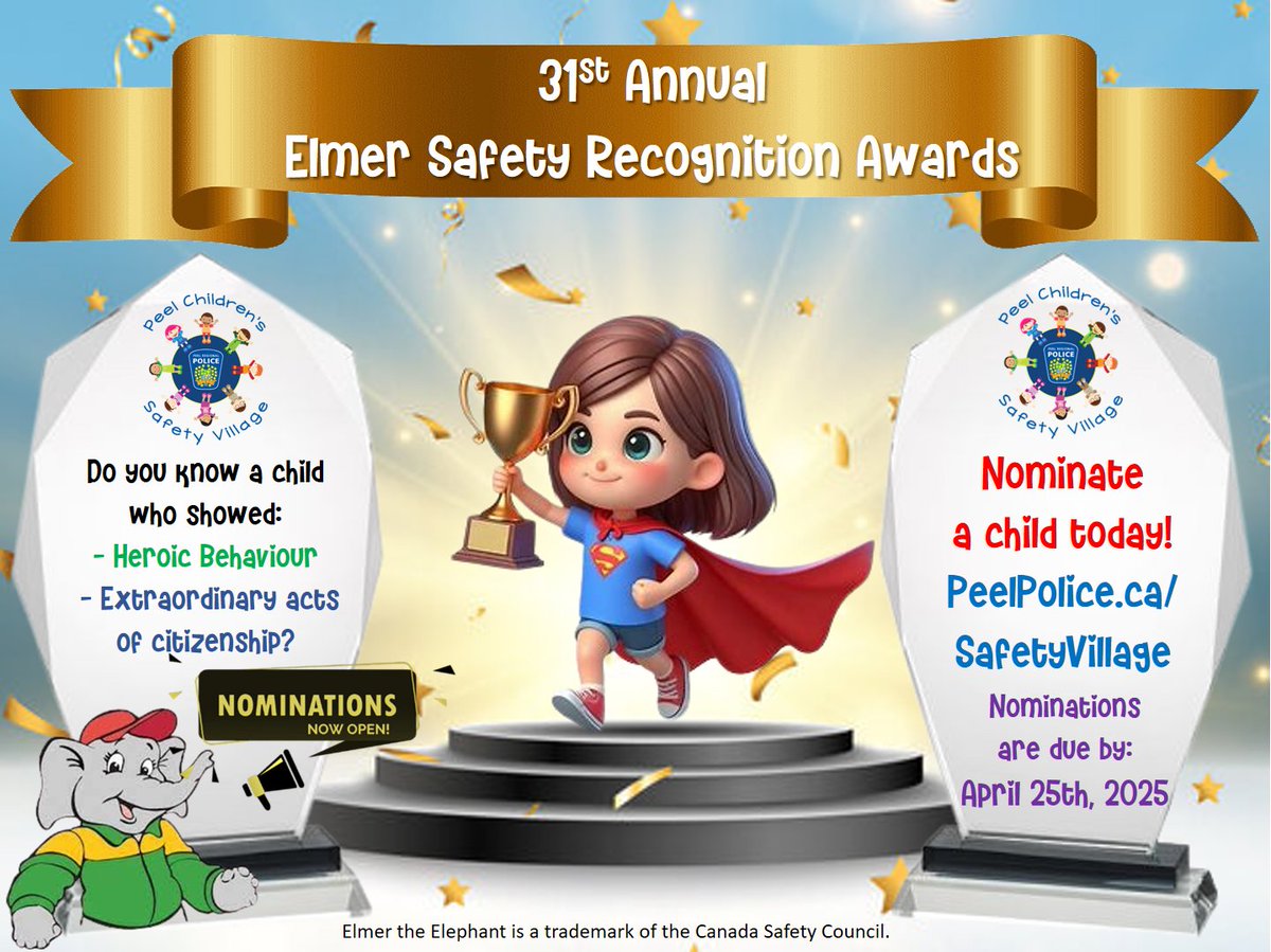 Peel Children’s Safety Village (@prpvillage) on Twitter photo Only 2 weeks left to get nominations in for our 31st Annual Elmer Safety Awards! We're seeking nominations for kids from <a href="/regionofpeel/">Peel Region</a> in JK-Gr.8 who showed acts of bravery or extraordinary acts of citizenship. Click here ➡️bit.ly/2IbmJph to nominate your young hero! Only 2 weeks left to get nominations in for our 31st Annual Elmer Safety Awards! We're seeking nominations for kids from <a href="/regionofpeel/">Peel Region</a> in JK-Gr.8 who showed acts of bravery or extraordinary acts of citizenship. Click here ➡️bit.ly/2IbmJph to nominate your young hero!