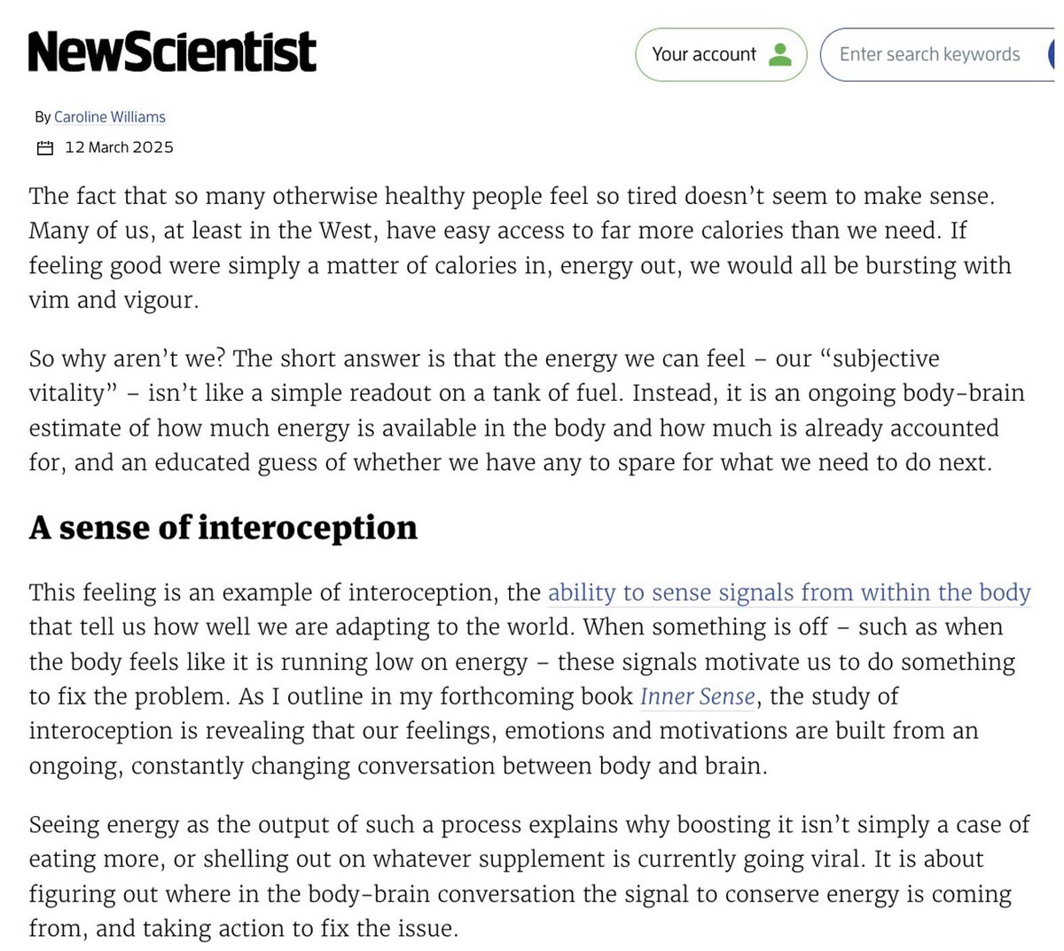 Caroline Williams (@sciencecaroline) on Twitter photo My latest for <a href="/newscientist/">New Scientist</a> is a sneak preview ch3 of Inner Sense. Available online today (£) and in print from Sat. Inner Sense is out in 3 weeks and available to preorder now! My latest for <a href="/newscientist/">New Scientist</a> is a sneak preview ch3 of Inner Sense. Available online today (£) and in print from Sat. Inner Sense is out in 3 weeks and available to preorder now!