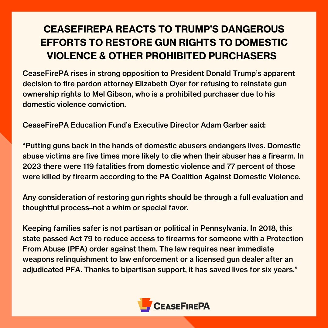 CeaseFirePA's tweet image. Read our full statement on the firing of pardon attorney Elizabeth Oyer and the dangerous precedent of reinstating the gun rights of convicted domestic abusers. 👇
