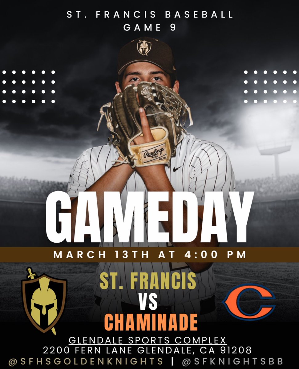 Game Day at Glendale Sports Complex! ⚾

St. Francis takes on Chaminade this afternoon as the away team with a chance to win the series. First pitch at 4 PM.

Go Knights! #StFrancisBaseball #GoKnights #MissionLeague
<a href="/AthleticsSFHS/">St. Francis HS Athletics</a> <a href="/SFHSLaCanadaCA/">St. Francis H.S.</a>