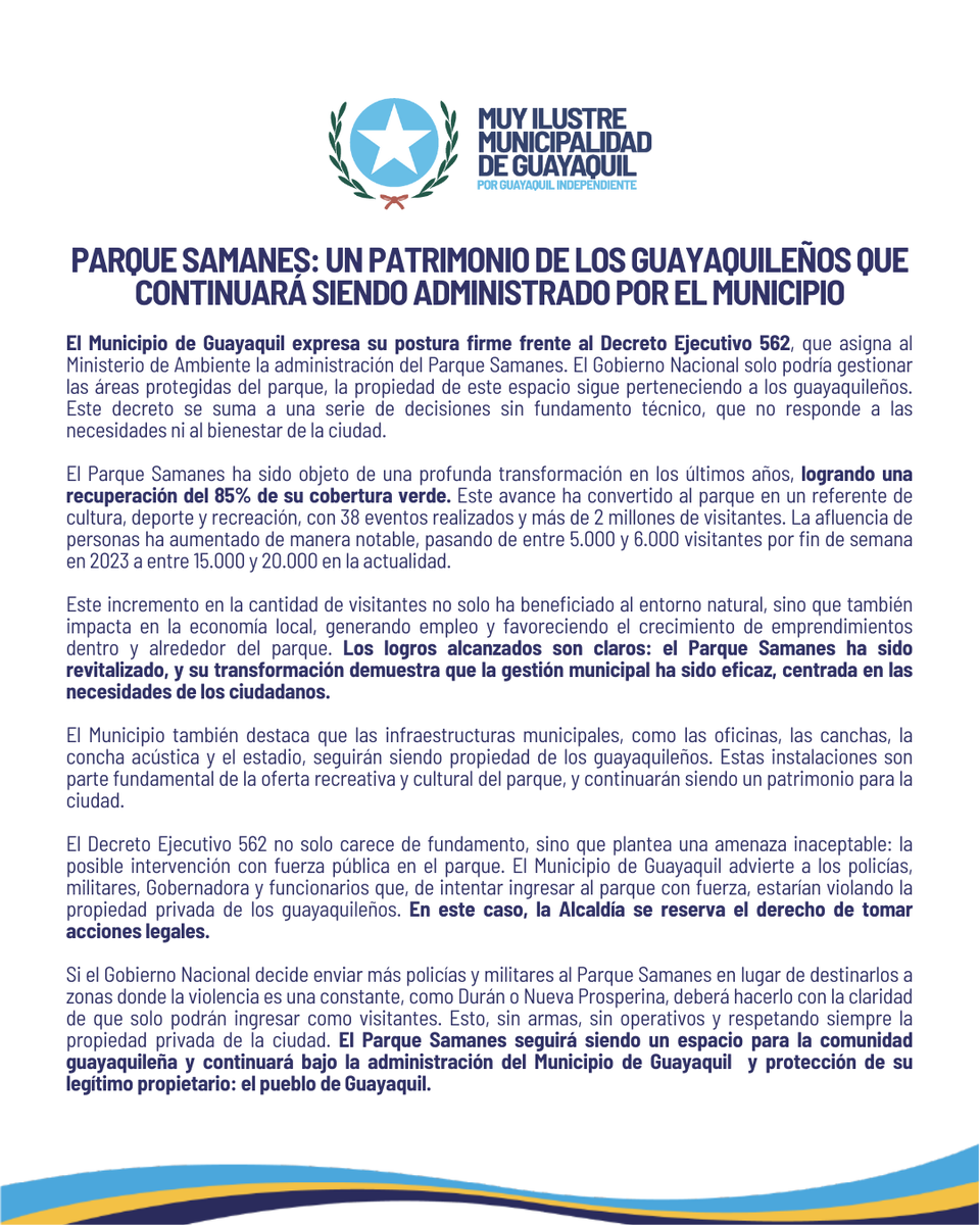 El Parque Samanes es un patrimonio de los guayaquileños y su propiedad debe ser respetada. 

Rechazamos cualquier intento de intervención que no reconozca los derechos de la ciudad. 

#Guayaquil #CiudadDeTodos #ParqueSamanes