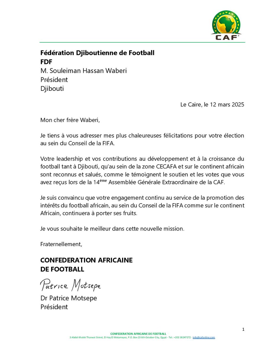 FederationFdf's tweet photo. Message de félicitation du président de la CAF https://t.co/bARMFO06hf