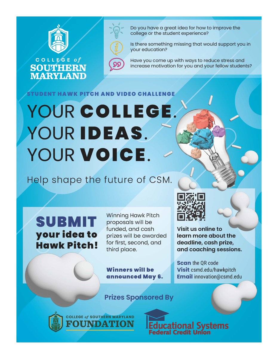 Students can submit their ideas for the Student Hawk Pitch! Deadline is April 19, 2025.

csmd.edu/hawkpitch/hawk…