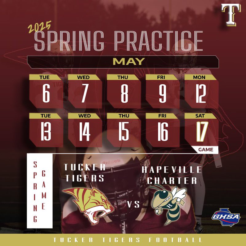 Tucker Tigers (@tuckerfootball) on Twitter photo Tucker Nation Spring Practice and Spring Game vs <a href="/HCCA_Athletics/">Hapeville Hornets</a> dates are officially set! Look forward to seeing our fan base at the Spring Game!!!
#TuckerTigers #TuckerFootball #TuckerNation #TuckerFamily #WeAreTucker Tucker Nation Spring Practice and Spring Game vs <a href="/HCCA_Athletics/">Hapeville Hornets</a> dates are officially set! Look forward to seeing our fan base at the Spring Game!!!
#TuckerTigers #TuckerFootball #TuckerNation #TuckerFamily #WeAreTucker