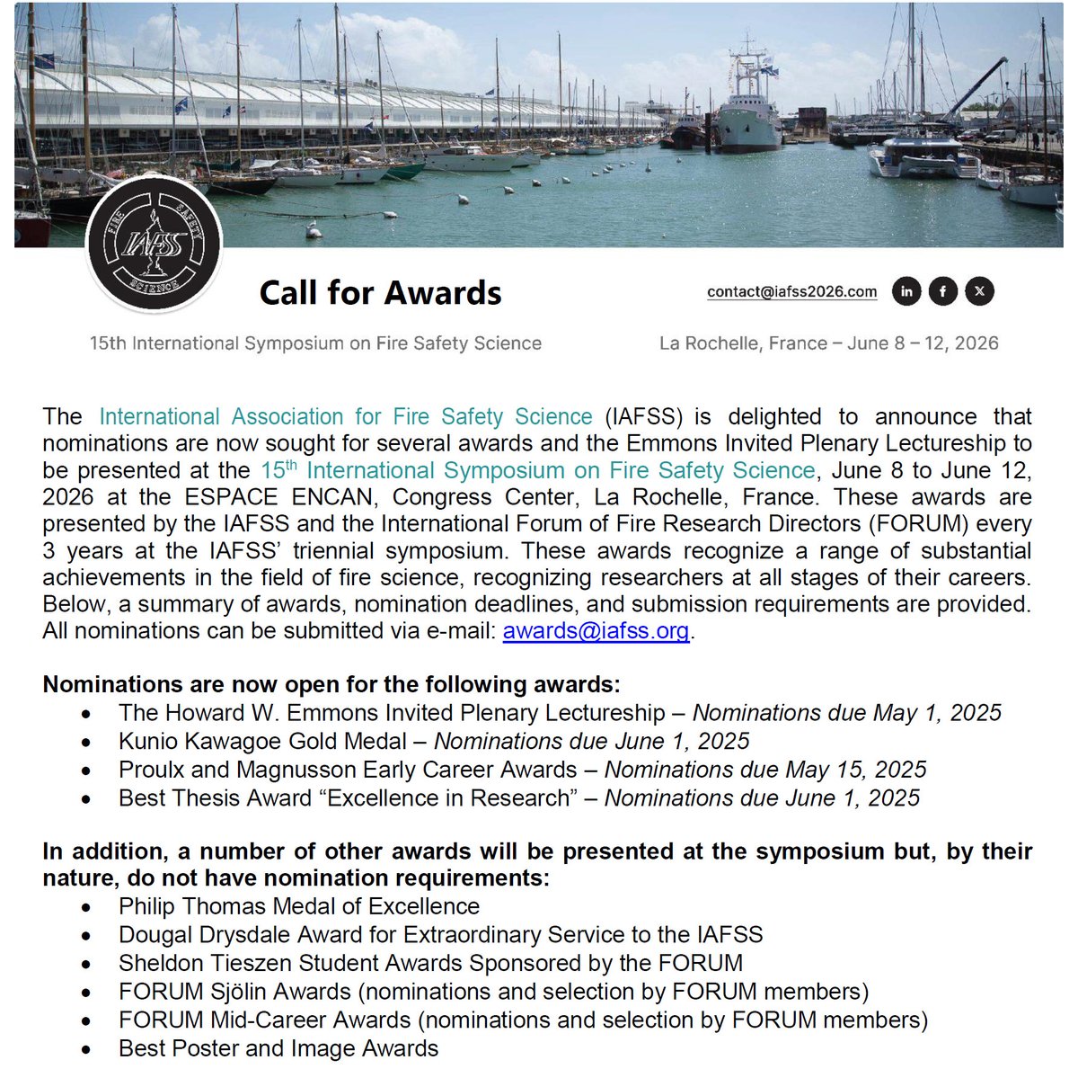 IAFSS (@iafss) on Twitter photo IAFSS is delighted to announce that nominations are now sought for several awards and the Emmons Invited Plenary Lectureship to be presented at the 15th International Symposium.Ā All nominations can be submitted via e-mail: awards@iafss.org iafss.org/wp-content/upl⦠IAFSS is delighted to announce that nominations are now sought for several awards and the Emmons Invited Plenary Lectureship to be presented at the 15th International Symposium.Ā All nominations can be submitted via e-mail: awards@iafss.org iafss.org/wp-content/uplā¦