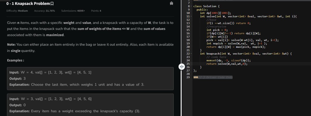 rishavkr206's tweet photo. Day 184✅
@geeksforgeeks
"GfG 160"-160 Days of Problem Solving (Day 119)
#geekstreak2024 #gfg160
Problem = 0 - 1 Knapsack Problem
#gfg #100daysofcodechallenge #dsa #CodingChallenge #probemSolving #100DaysOfCode #100dayschallenge #WorkHard https://t.co/q6um4iw5tu