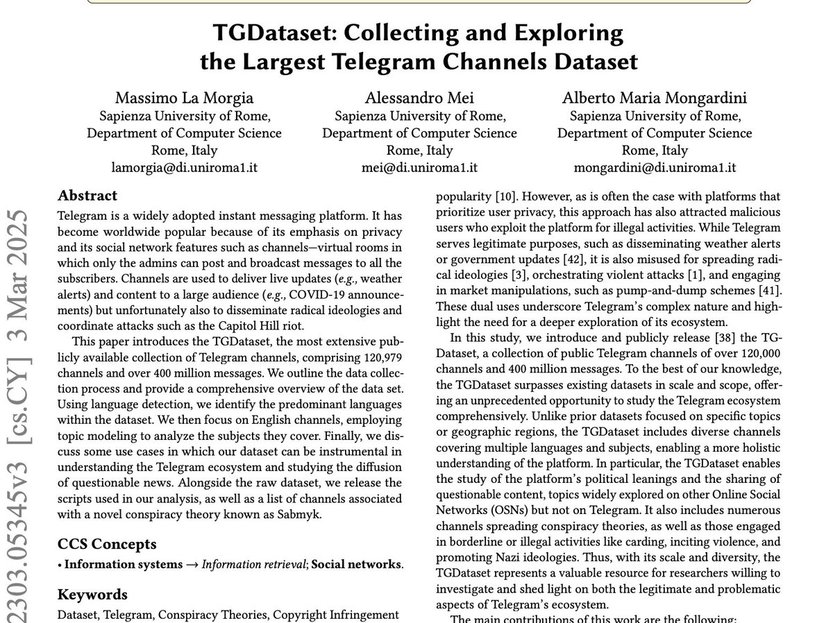 Fascinating new dataset from Telegram: over 120K Telegram channels and 400M messages

Great for studying scams, misinformation, radicalization etc (see more in the paper).

arxiv.org/abs/2303.05345
