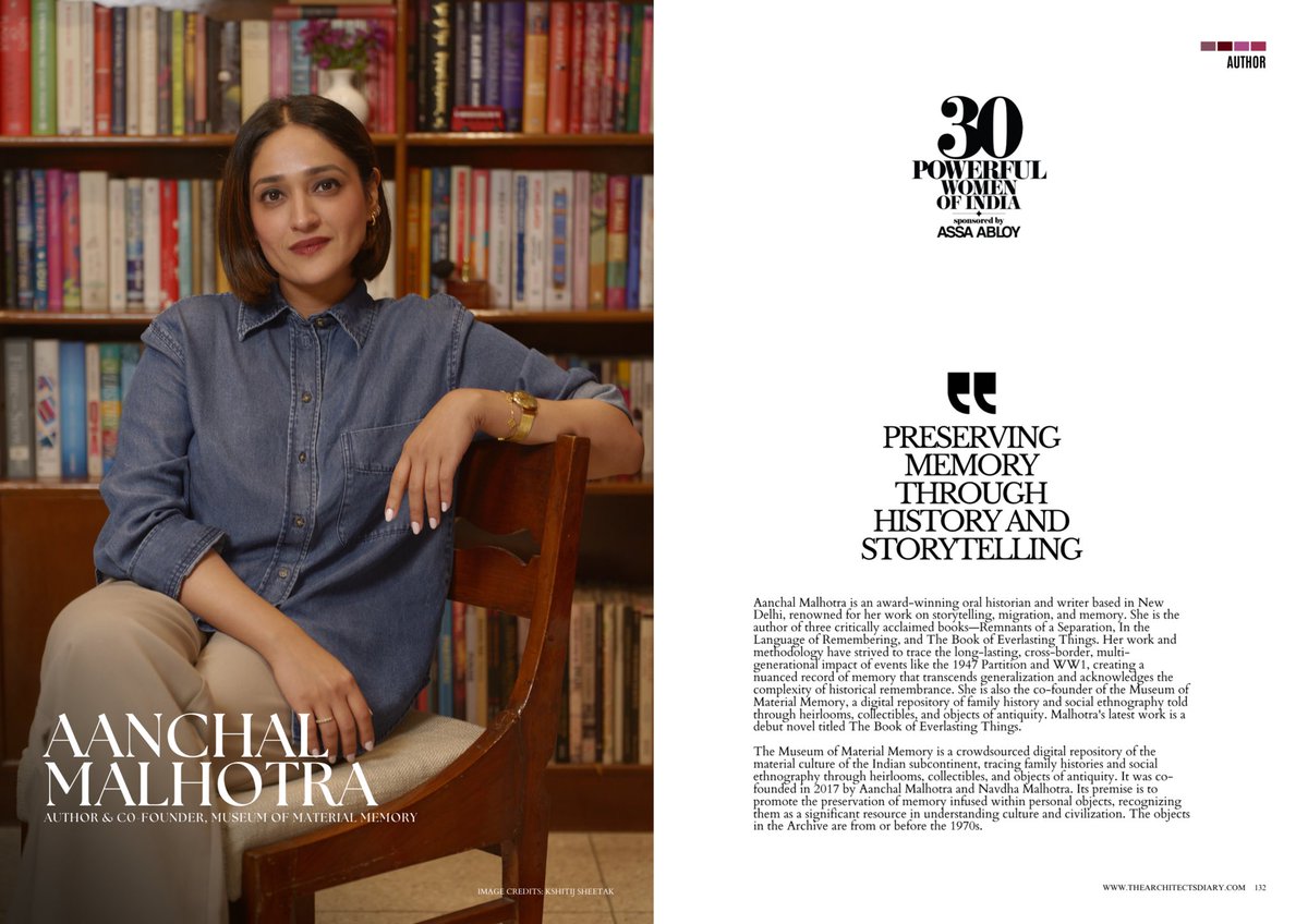 HarperCollinsIN's tweet photo. Thrilled to see @AanchalMalhotra recognised among #TheArchitectsDiary’s ‘30 Powerful Women of India’! This remarkable list highlights her journey and invaluable contributions to society.
Through #InTheLanguageOfRemembering, #TheBookOfEverlastingThings, and #RemnantsOfASeparation, she intricately weaves history, memory, and personal narratives into timeless storytelling.
#AssaAbloy
#READWithHarperCollins
