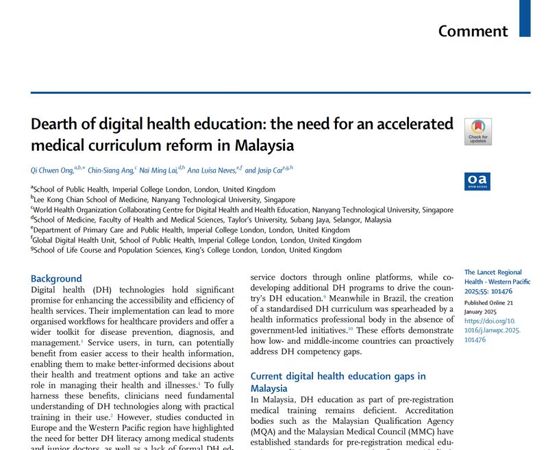 In our paper in <a href="/TheLancet/">The Lancet</a> Regional Health, we explore how realising the potential of innovation requires a healthcare workforce that is digitally competent.  It was a pleasure to collaborate &amp; great to keep crossing paths with <a href="/ejosipcar/">Josip Car</a>!

Read more @ lnkd.in/dwTPx4gp