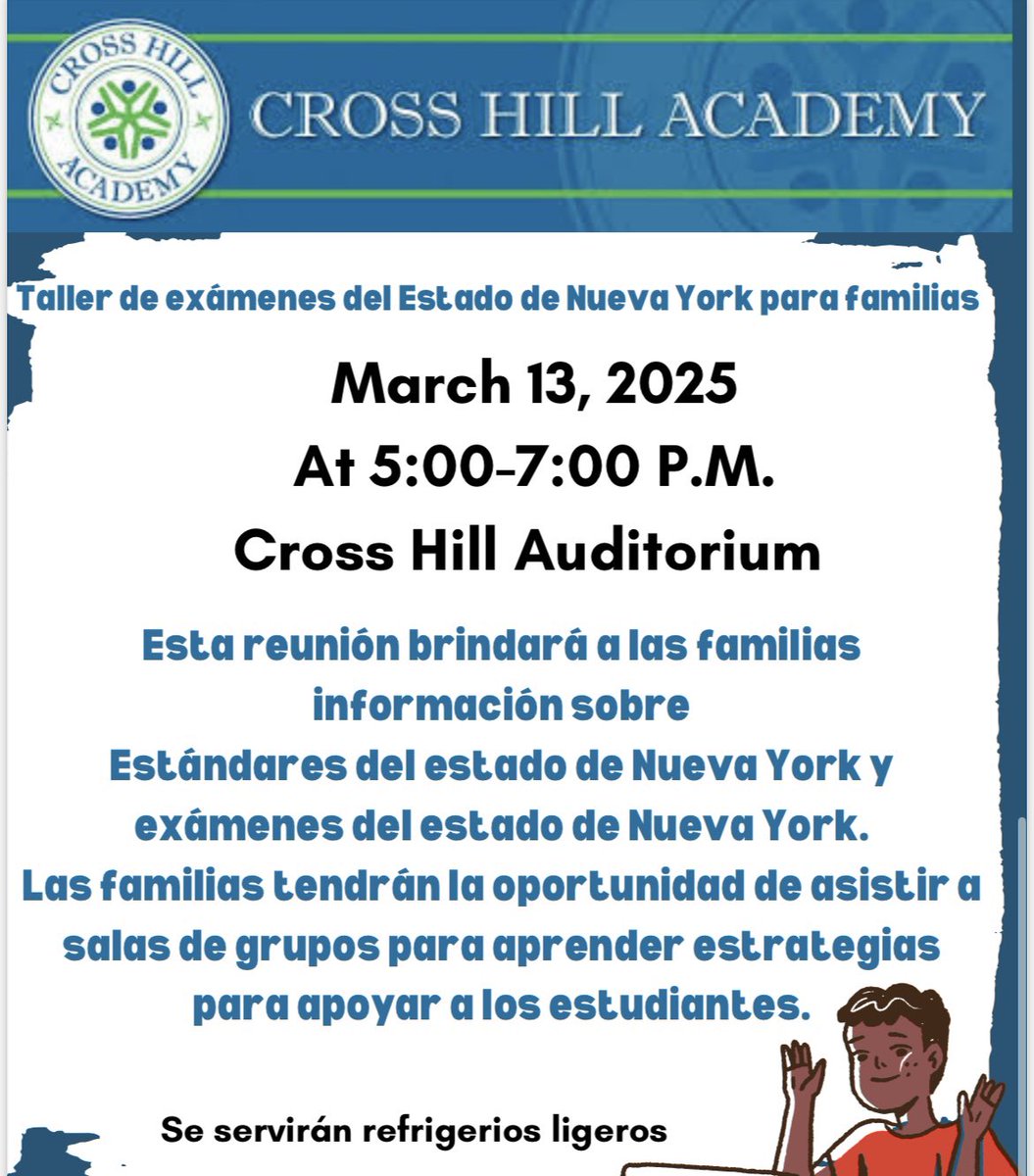 This a reminder to all family members to join us tonight for a workshop to learn about NYS testing this year.!