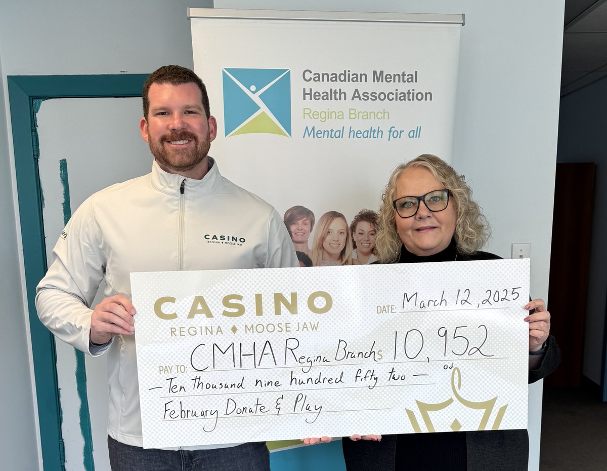 CMHA-Regina (@cmharegina) on Twitter photo Wow! A huge THANK YOU to Casino Regina and Moose Jaw who donated $10 952 in support of our branch through their February Donate & Play program! We’re all in this together, striving for better mental health for everyone. Thank you <a href="/casinoregina/">Casinos Regina & Moose Jaw</a> Wow! A huge THANK YOU to Casino Regina and Moose Jaw who donated $10 952 in support of our branch through their February Donate & Play program! We’re all in this together, striving for better mental health for everyone. Thank you <a href="/casinoregina/">Casinos Regina & Moose Jaw</a>