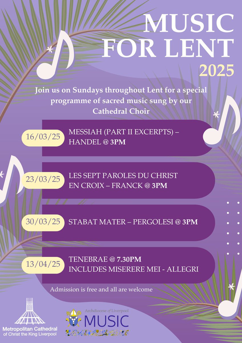 Join us on Sundays throughout Lent for a beautiful programme of sacred music, sung by our Cathedral Choir.

🎶 Sunday 16th: Messiah (Part II excerpts) – Handel @ 3pm 🎶

#Lent