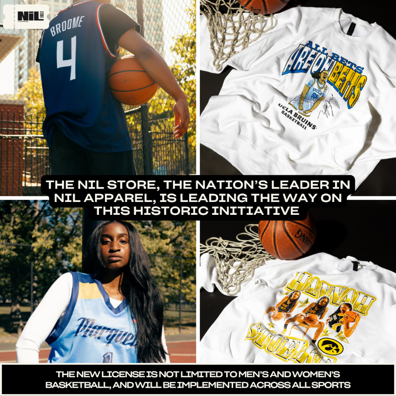 nil_store's tweet photo. A groundbreaking March. 

The NIL Store has partnered with the NCAA on officially licensed tournament apparel that supports the athletes! 

Dropping on Selection Sunday with new merch throughout March. Learn More ⬇️