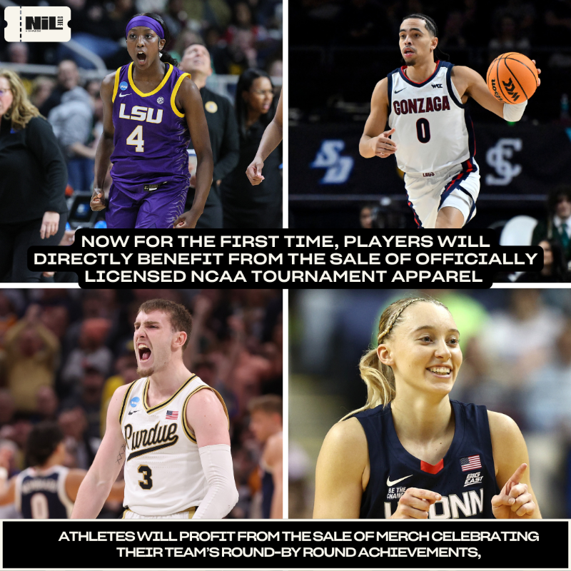nil_store's tweet photo. A groundbreaking March. 

The NIL Store has partnered with the NCAA on officially licensed tournament apparel that supports the athletes! 

Dropping on Selection Sunday with new merch throughout March. Learn More ⬇️