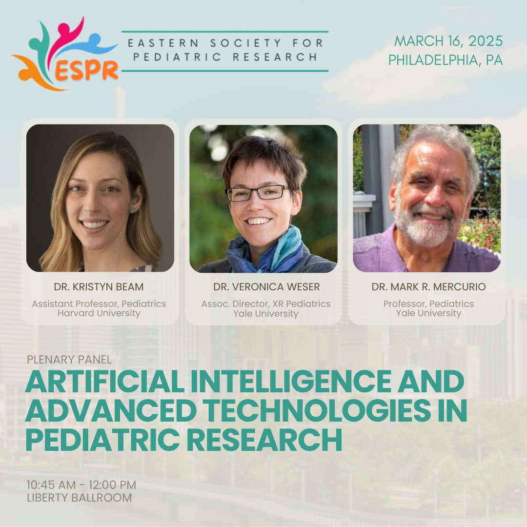 XRPeds's tweet image. This Sunday, Associate Director of XRPeds, Dr. Veronica Weser, joins Drs. Kristyn Beam (Harvard) and Mark R. Mercurio (Yale) in a panel titled, "Artificial Intelligence and Advanced Technologies in Pediatric Research" at the Eastern Society for Pediatric Research Conference.