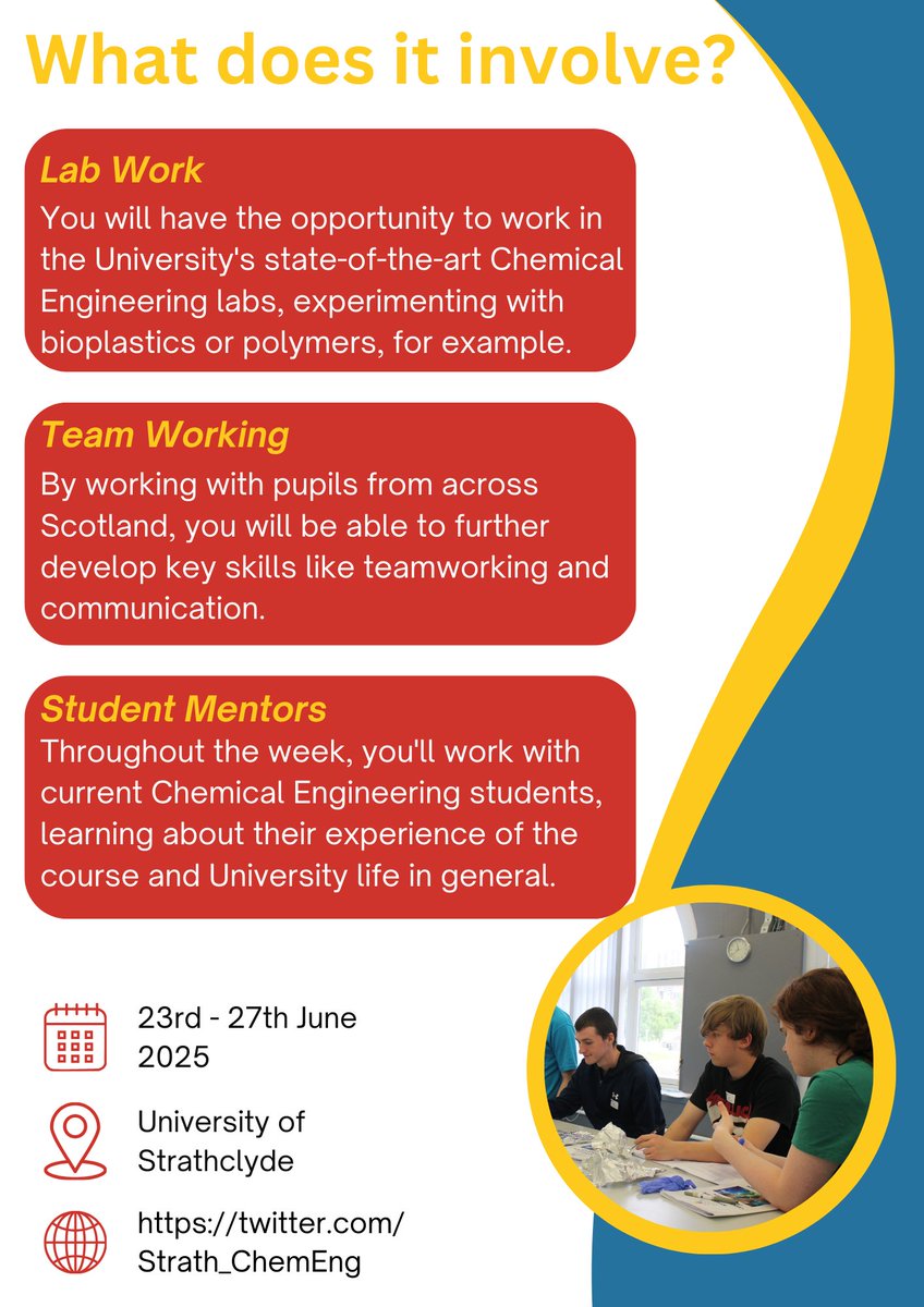 Young Strathclyder (@ystrathclyder) on Twitter photo Spotlight: Chemical Engineering for Accelerate 2025 curious about Chemical Engineering? Want to learn all about it? Join the Accelerate Chemical Engineering challenge at strath.ac.uk/professionalse……
<a href="/Strath_ChemEng/">Chemical Engineering</a> Spotlight: Chemical Engineering for Accelerate 2025 curious about Chemical Engineering? Want to learn all about it? Join the Accelerate Chemical Engineering challenge at strath.ac.uk/professionalse……
<a href="/Strath_ChemEng/">Chemical Engineering</a>
