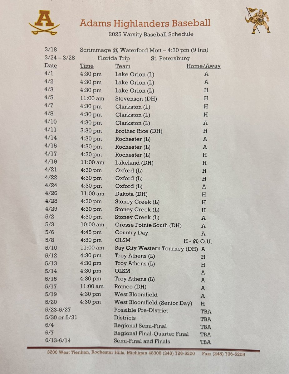 2025 Varsity Schedule 
**Subject to change**