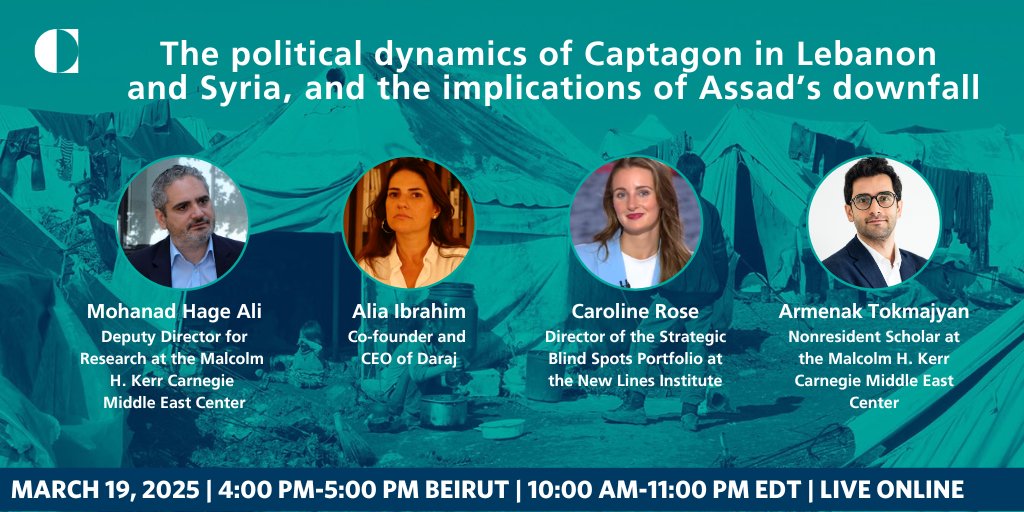 Malcolm H. Kerr Carnegie Middle East Center (@carnegiemec) on Twitter photo The political dynamics of Captagon in Lebanon and Syria, and the implications of Assad’s downfall
Join us for a panel discussion with <a href="/MohanadHageAli/">Mohanad Hage Ali ~ مهند الحاج علي</a>, <a href="/aliaibrahim74/">aliaibrahim عليا ابراهيم</a>, <a href="/CarolineRose8/">Caroline Rose</a>, and <a href="/TokmajyanA/">Armenak</a>.
🗓️March 19
⏰4:00-5:00 PM Beirut Time
📺Watch Live: carnegieendowment.org/events/2025/03… The political dynamics of Captagon in Lebanon and Syria, and the implications of Assad’s downfall
Join us for a panel discussion with <a href="/MohanadHageAli/">Mohanad Hage Ali ~ مهند الحاج علي</a>, <a href="/aliaibrahim74/">aliaibrahim عليا ابراهيم</a>, <a href="/CarolineRose8/">Caroline Rose</a>, and <a href="/TokmajyanA/">Armenak</a>.
🗓️March 19
⏰4:00-5:00 PM Beirut Time
📺Watch Live: carnegieendowment.org/events/2025/03…
