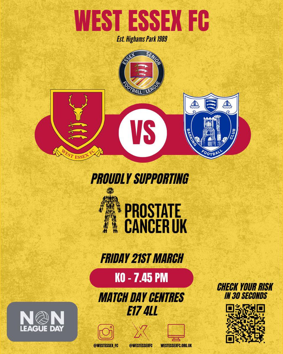 West Essex FC (@westessexfc) on Twitter photo ๐จ SAVE THE DATE ๐จ
Kick off <a href="/nonleaguedayuk/">Non-League Day</a> with us. Weโre delighted to annouce that we will be supporting <a href="/ProstateUK/">Prostate Cancer UK</a> , with 50% of all gate receipts being donated to them.
๐ <a href="/EssexSenior/">Essex Senior League</a>
๐ <a href="/barkingfc/">Barking FC</a>
๐๏ธ Pay What You Want
๐ 7:45pm KO
๐ <a href="/Matchdaycentres/">MatchdayCentres</a> E17 4LL ๐จ SAVE THE DATE ๐จ
Kick off <a href="/nonleaguedayuk/">Non-League Day</a> with us. Weโre delighted to annouce that we will be supporting <a href="/ProstateUK/">Prostate Cancer UK</a> , with 50% of all gate receipts being donated to them.
๐ <a href="/EssexSenior/">Essex Senior League</a>
๐ <a href="/barkingfc/">Barking FC</a>
๐๏ธ Pay What You Want
๐ 7:45pm KO
๐ <a href="/Matchdaycentres/">MatchdayCentres</a> E17 4LL