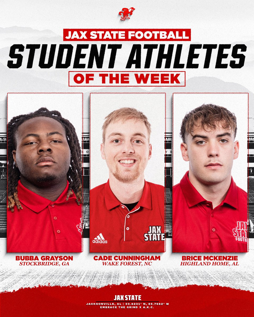 Jax State Football (@jaxstatefb) on Twitter photo ๐๐ญ๐ฎ๐๐๐ง๐ญ ๐๐ญ๐ก๐ฅ๐๐ญ๐๐ฌ of the Weekโ๏ธ
<a href="/bubba_grayson/">BigBUBBA โช</a>
<a href="/4CadeCunningham/">Cade Cunningham</a>
<a href="/BriceMckenzie4/">Brice Mckenzie</a>
#EmbraceTheGrind | #AKC ๐๐ญ๐ฎ๐๐๐ง๐ญ ๐๐ญ๐ก๐ฅ๐๐ญ๐๐ฌ of the Weekโ๏ธ
<a href="/bubba_grayson/">BigBUBBA โช</a>
<a href="/4CadeCunningham/">Cade Cunningham</a>
<a href="/BriceMckenzie4/">Brice Mckenzie</a>
#EmbraceTheGrind | #AKC