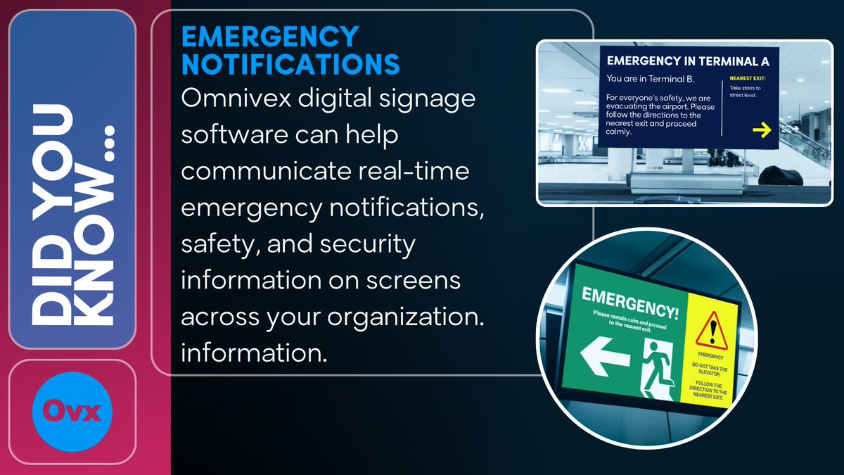 CDN_Devlin's tweet image. Did you know Omnivex digital signage software can help communicate real-time #emergencynotifications on screens across your organization? Integrating #digitalsignage with your audio alarms allows you to share crucial safety and security information. 👉 bit.ly/3Zju4sK