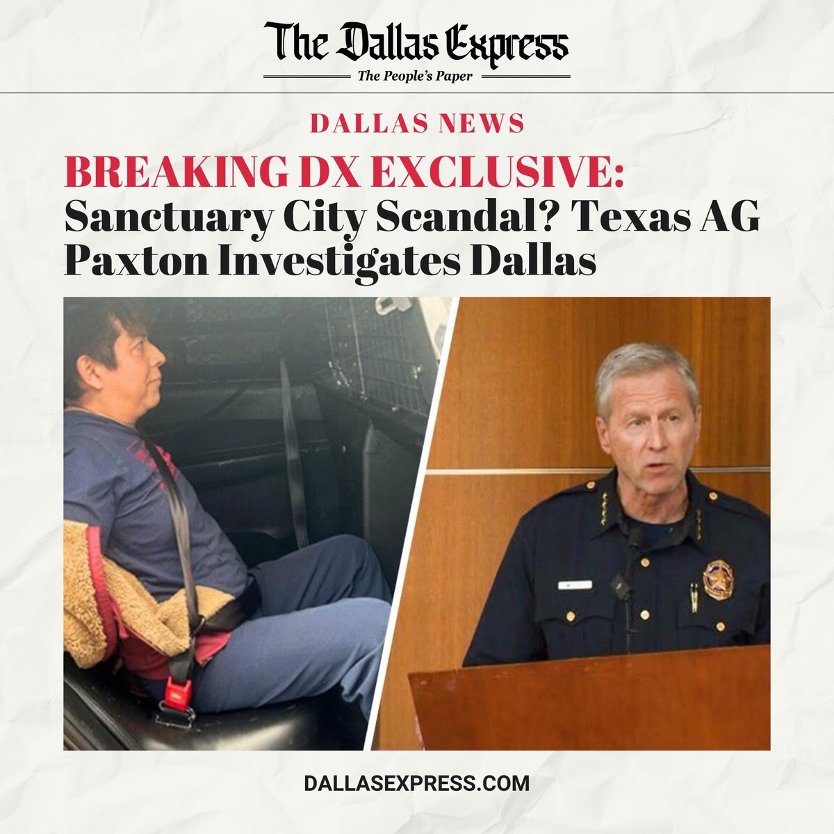 DallasExpress's tweet image. BREAKING: The Dallas Express has learned Texas AG Ken Paxton’s office is officially investigating the City of Dallas and Dallas Police Department over their sanctuary city policies.

Is Dallas defying state and federal law?
@KenPaxtonTX @CityofDallas