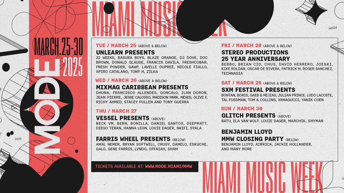 MODE Downtown Miami (@mode_miami) on Twitter photo Less than 2 weeks till <a href="/MiamiMusicWeek/">Miami Music Week</a> at MODE.
3/25: <a href="/docbrowndj/">Doc Brown</a> <a href="/donaldglaude/">Donald Glaude</a> & more
3/26: <a href="/fallendes/">Francisco Allendes</a> <a href="/staceypullen/">staceypullenofficial</a> & more
3/27: <a href="/farriswheel/">Gene Farris</a> & more
3/28: <a href="/DJCHUS/">DJ CHUS OFFICIAL</a> <a href="/djrogersanchez/">Roger Sanchez</a> & more
3/29: <a href="/BontanUK/">Bontan</a> <a href="/TOMandCOLLINS/">Tom & Collins Music</a> & more
3/30: Glitch & More
ποΈmode.miami/mmw Less than 2 weeks till <a href="/MiamiMusicWeek/">Miami Music Week</a> at MODE.
3/25: <a href="/docbrowndj/">Doc Brown</a> <a href="/donaldglaude/">Donald Glaude</a> & more
3/26: <a href="/fallendes/">Francisco Allendes</a> <a href="/staceypullen/">staceypullenofficial</a> & more
3/27: <a href="/farriswheel/">Gene Farris</a> & more
3/28: <a href="/DJCHUS/">DJ CHUS OFFICIAL</a> <a href="/djrogersanchez/">Roger Sanchez</a> & more
3/29: <a href="/BontanUK/">Bontan</a> <a href="/TOMandCOLLINS/">Tom & Collins Music</a> & more
3/30: Glitch & More
ποΈmode.miami/mmw