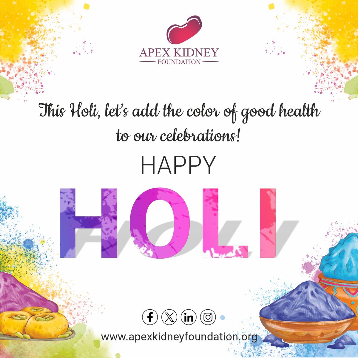 This Holi, while you enjoy the festivities, remember to prioritize your kidney health. Stay hydrated, choose kidney-friendly foods, and avoid excessive salt and sugar. Apex Foundation wishes you a joyful and safe celebration! 🌸💙 #HappyHoli #KidneyHealth #FestivalOfColors
