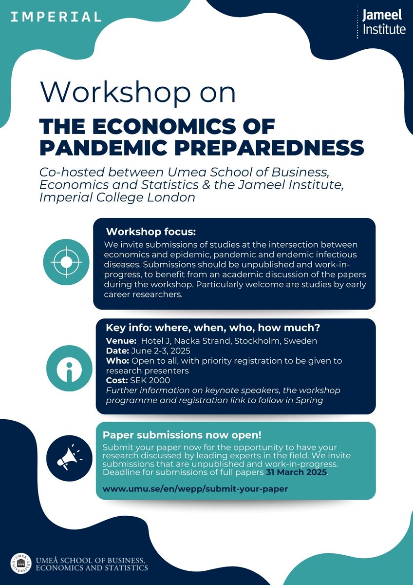 Run, don't walk! There's just over 2 weeks left to submit your research to present at our workshop on 'the economics of pandemic preparedness' in Stockholm this June🇸🇪
See more info below &amp; submit your research via the link: umu.se/en/wepp/submit…