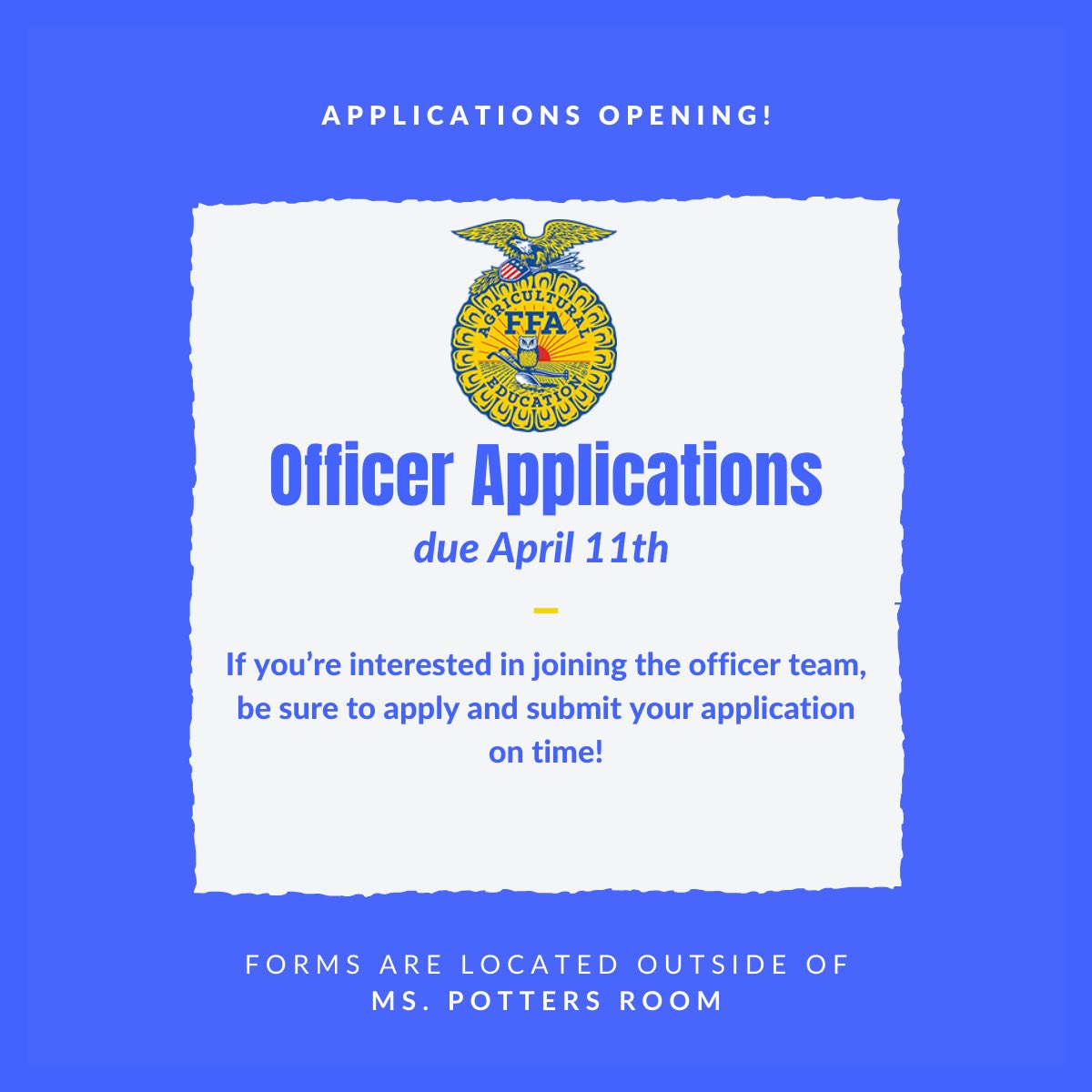 Excited to announce that officer applications are now open! If you’re passionate about leadership and making a difference in our FFA chapter, this is your chance! Get your applications in by April 11th. Let’s make this year amazing together!