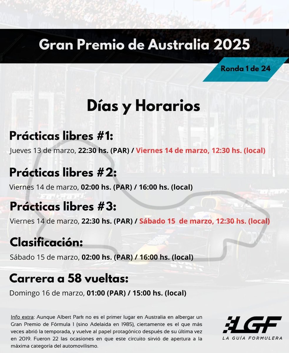 ¡¡¡Volvió nuestra tan aclamada (?) previa de los Grandes Premios!!! Y después de 6 años, la temporada inicia con 14 horas de diferencia en el #AustralianGP🇦🇺 🐨🪃

¿Cómo van a organizar su agenda? Madrugan o la ven en diferido?
