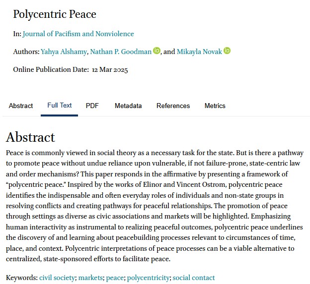 jpacnv's tweet image. 📰 Yahya Alshamy, @NathanPGoodman & @NovakMikayla build on Elinor & Vincent #Ostrom to argue #peace can be #polycentric & thus not depend on a centralised #state: doi.org/10.1163/277278…