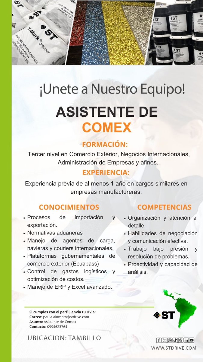 ¡ST Innova está en búsqueda de talentos como tú! 🚀
Buscamos  Asistente de Comercio Exterior para optimizar nuestras operaciones de importación y exportación.

📍 Ubicación: Tambillo
 📌 Modalidad: Presencial 

*💡 Envía tu CV a: paula.alomoto@stdrive.com