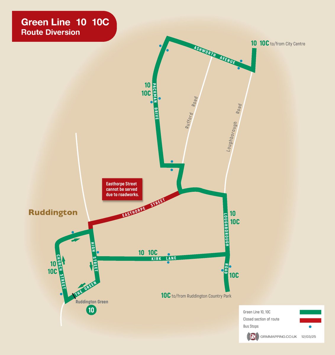 Green 10 and 10C will divert in #Ruddington from 08:00 on Monday 17th March until approx. 16:00 on Wednesday 19th March for Severn Trent works.

During this closure, buses will use Kirk Lane to/from Ruddington Centre. Delays are likely.

Info: nctx.co.uk/service-updates