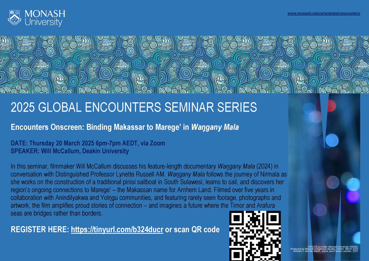 Join us next Thursday 20 March at 6pm AEDT for our first online seminar for 2025! Filmmaker Will McCallum <a href="/twogongs/">Two Gongs Media</a> from @DeakinArtsEd will discuss his feature-length documentary Waŋgany Mala (2024).

Register here:  tinyurl.com/b324ducr