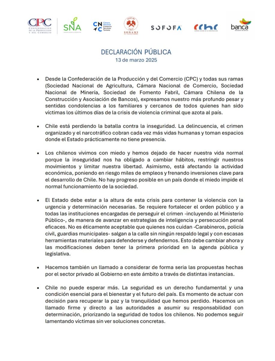 🔴 La inseguridad amenaza el desarrollo de Chile • Desde la #CPC expresamos nuestra preocupación por el impacto de la delincuencia en las personas, las empresas y el empleo. Urge avanzar en soluciones concretas para garantizar #seguridad, #inversión y #crecimiento.