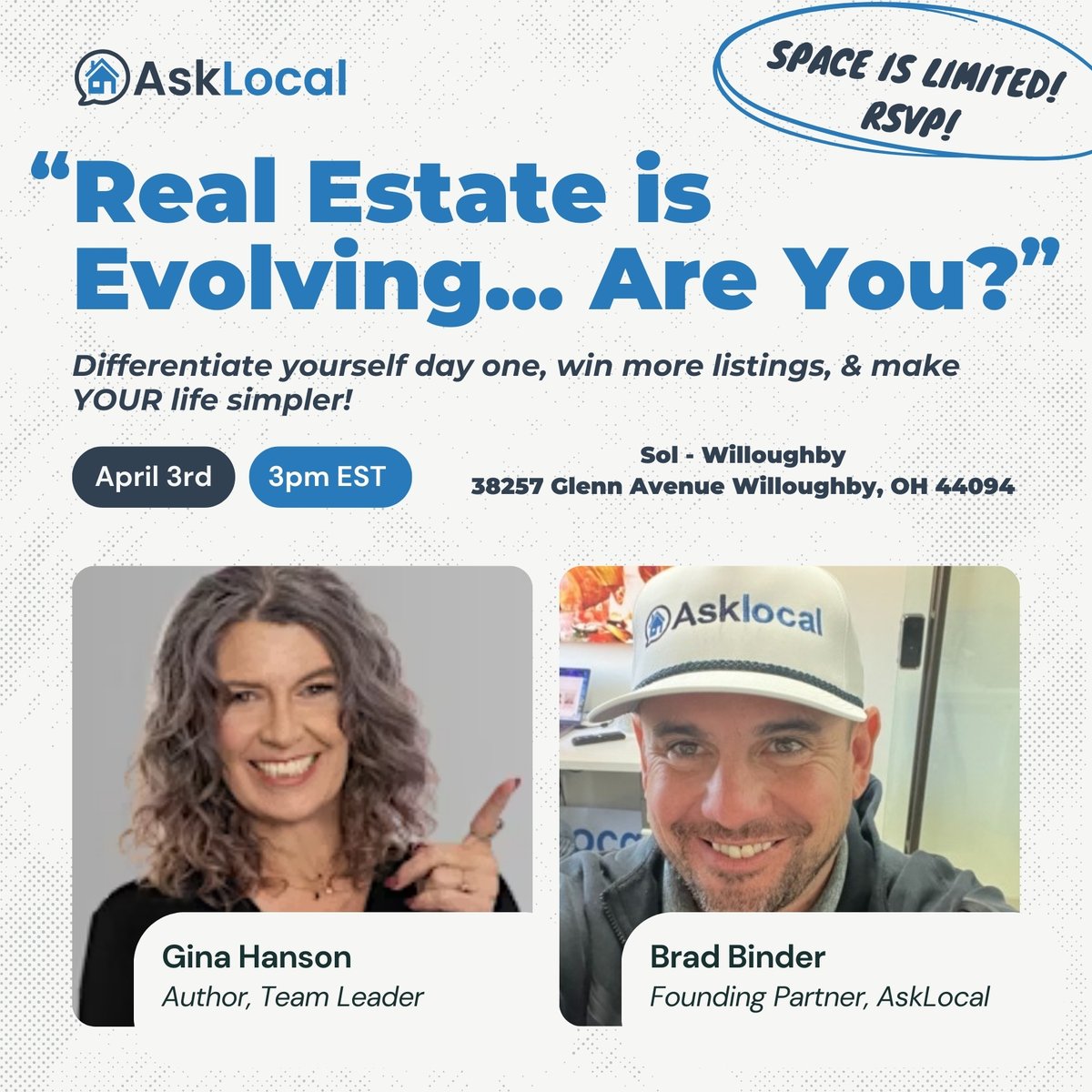 AskLocalTeam's tweet image. #OhioAgents! We have Gina Hanson back in town on April 3rd!! Differentiate yourself day one, win more listings, &amp;amp; make YOUR life simpler!

Sol in Willoughby - 3pm to 5pm EST. 

See you all there!

RSVP: eventbrite.com/e/real-estate-…

#asklocal #local #asklocalmarketplace